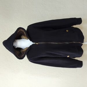 Style & Co Sport Black Cotton Knit Faux Fur Hooded Jacket Size Large